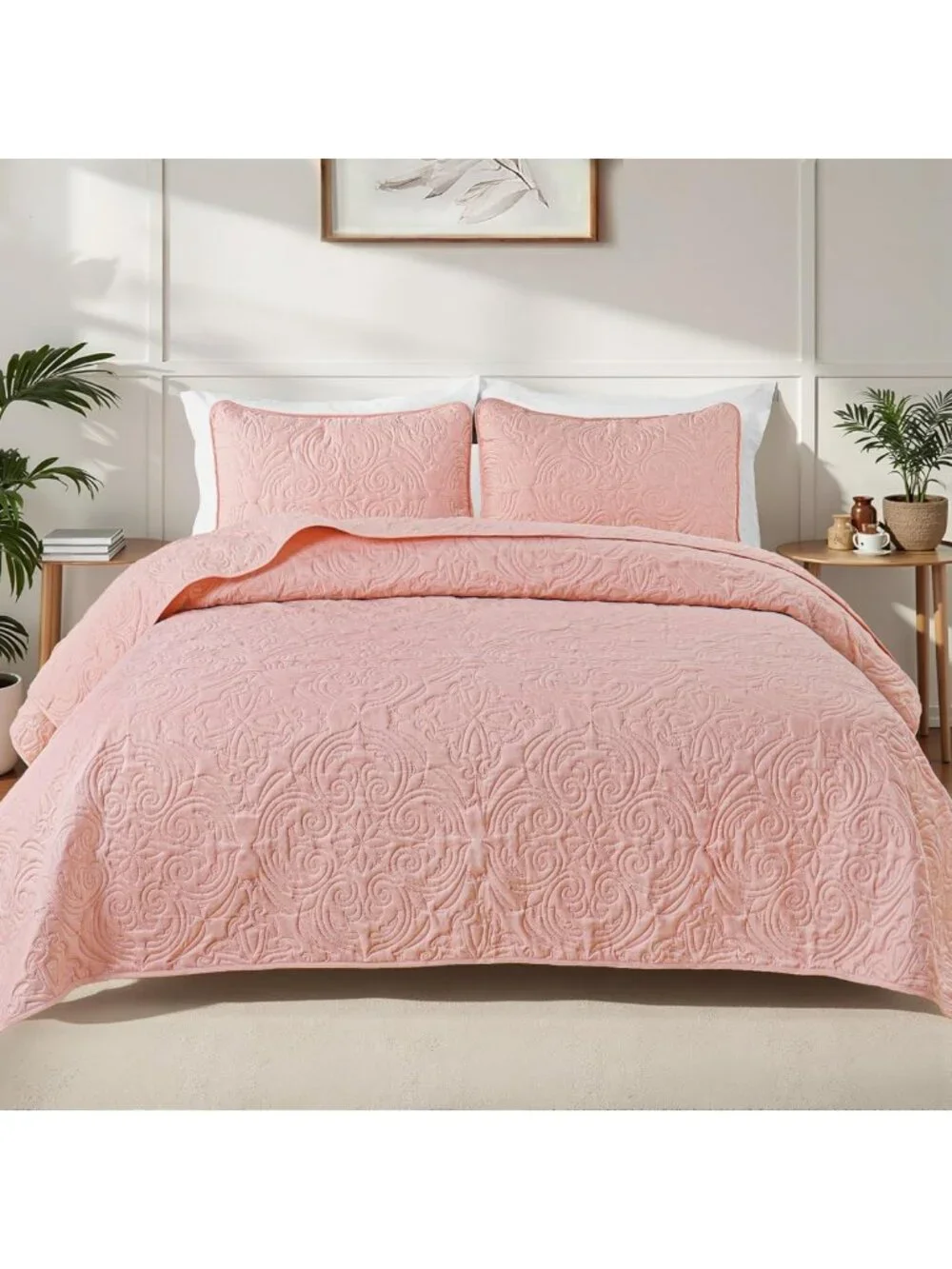 Blush Pink 3-Piece King Size Quilt Bedding Set, Soft & Cozy Home Decor